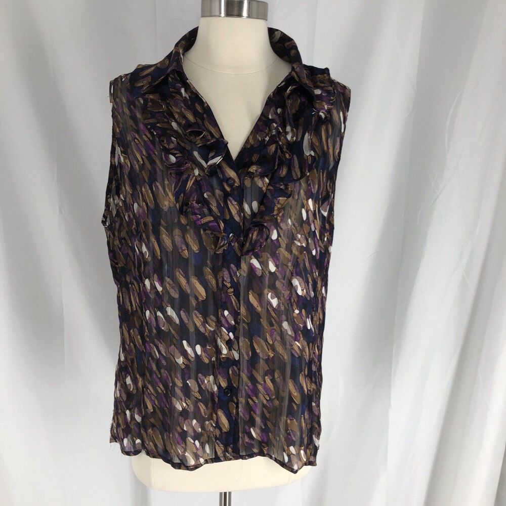 Tahari Arthur S. Levine Sleeveless Ruffle V Neck Sheer Top size XL